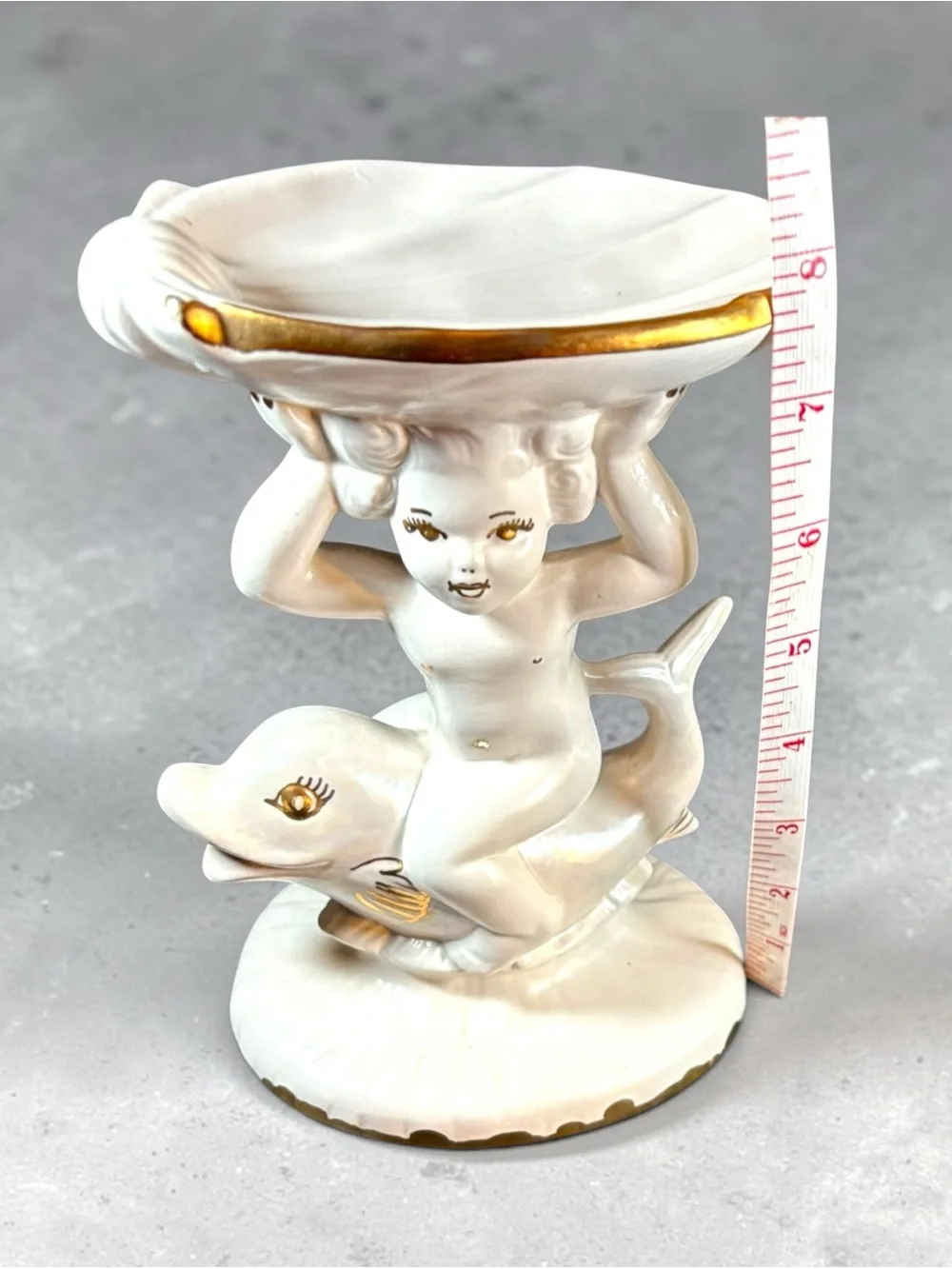 Vintage Holland Mold Ceramic Cherub Riding Dolphin Shell Dish Soap Trinket 8